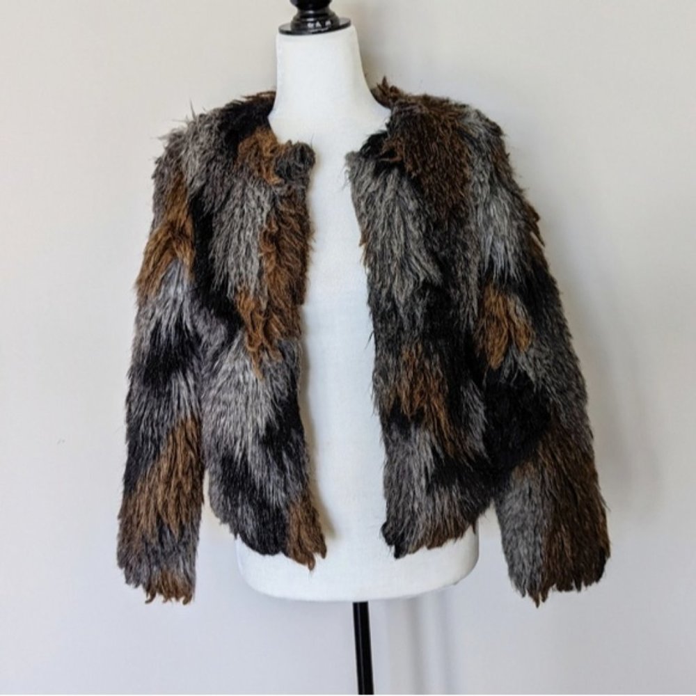 Faux fur fuzzy warm brown jacket- brown, gray and black